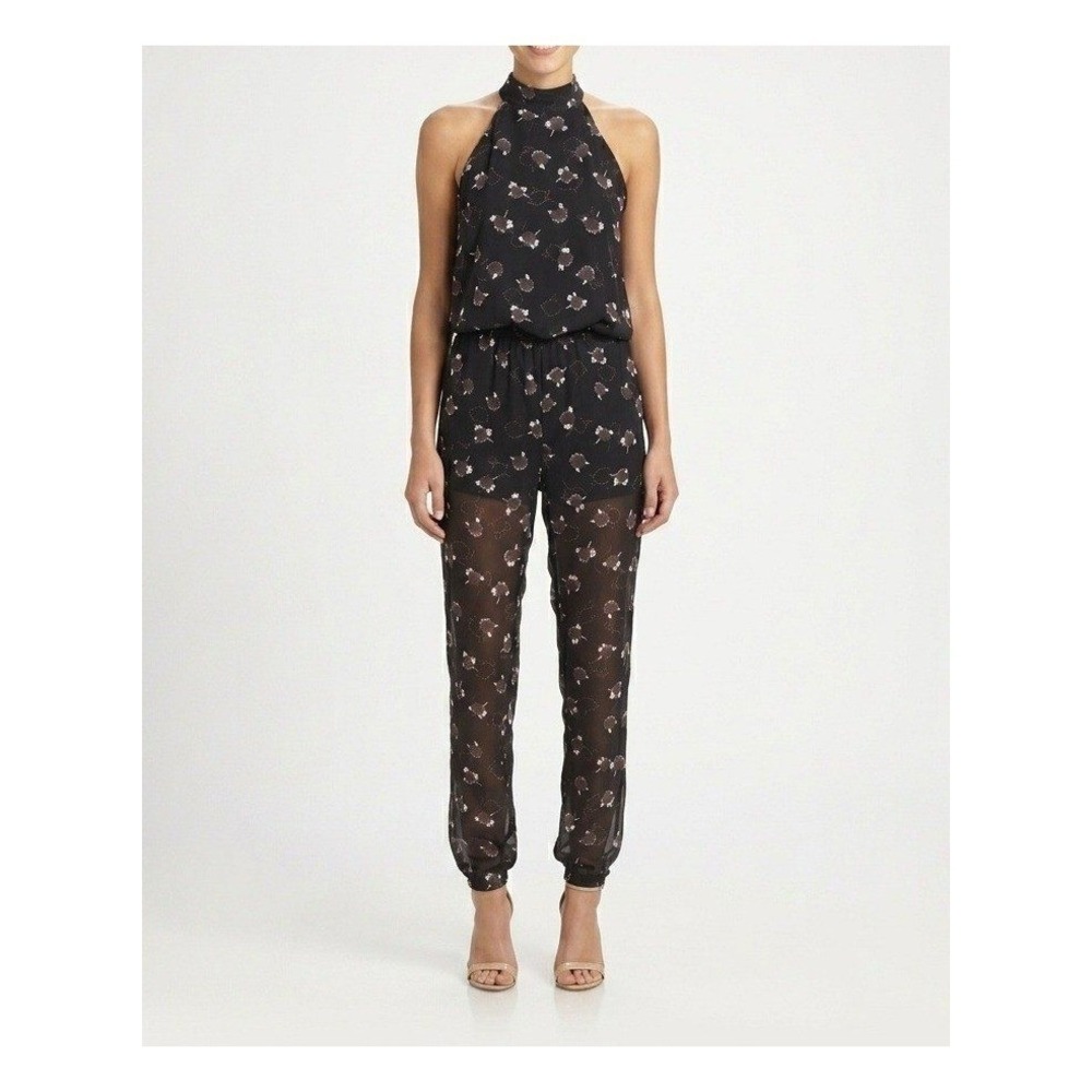 Rebecca Minkoff Hayley Jumpsuit Black Floral Halter Neck Sheer Back Size 00 NEW - Picture 1 of 10